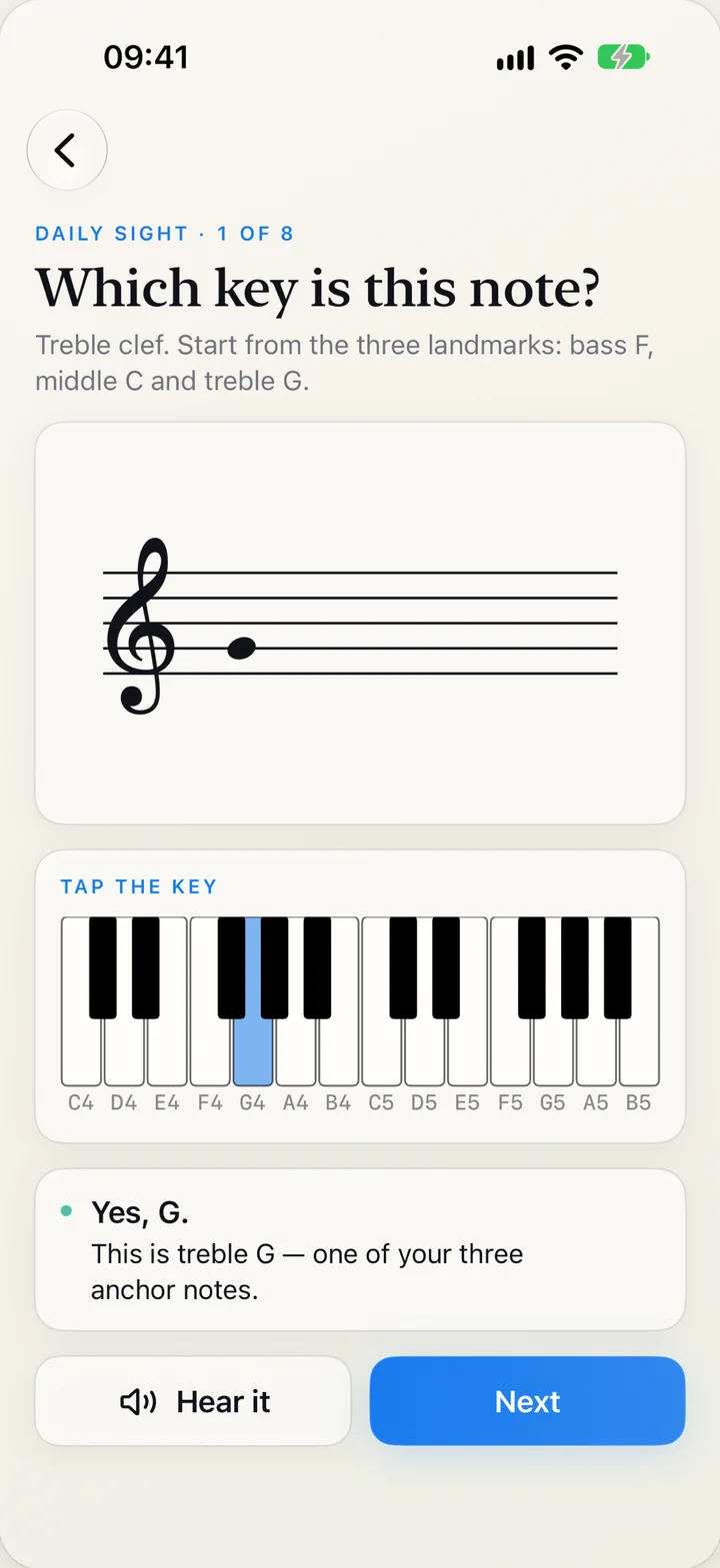 Daily Sight asking which key matches a note on the treble clef, with a piano to tap