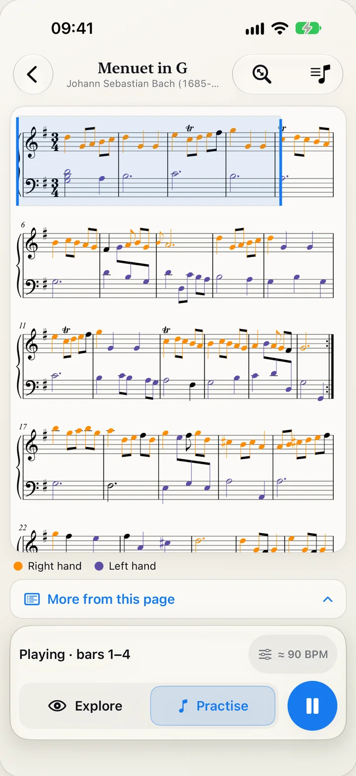 Practise mode playing bars 1 to 4 of the Menuet in G at 90 BPM, each hand in its own colour on the score and the piano