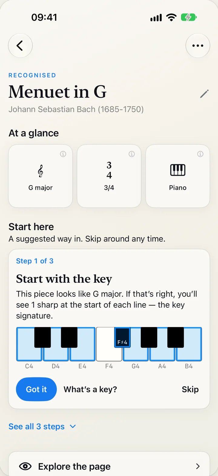 The Menuet in G recognised as G major in 3/4 for piano, with a Start here step that explains the key signature