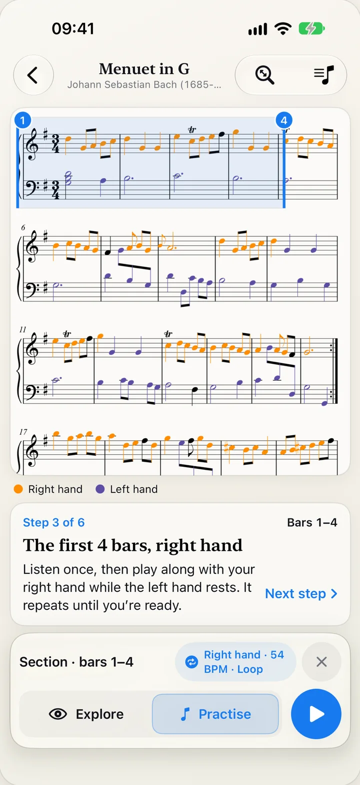 Start here step three of six: the first four bars for the right hand, with the keys those bars use lit on the piano