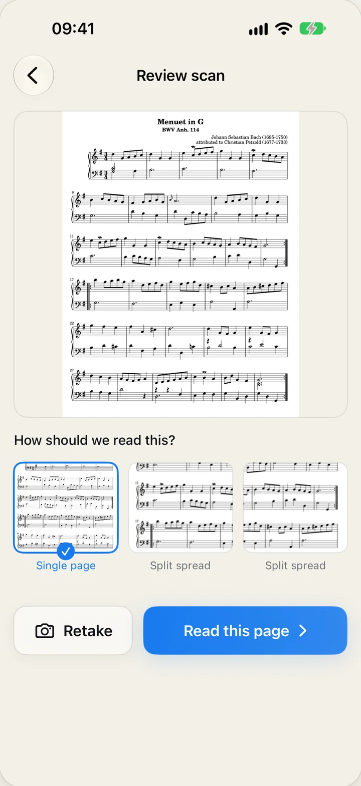 Review scan after photographing Bach's Menuet in G, asking whether to read it as a single page or a split spread
