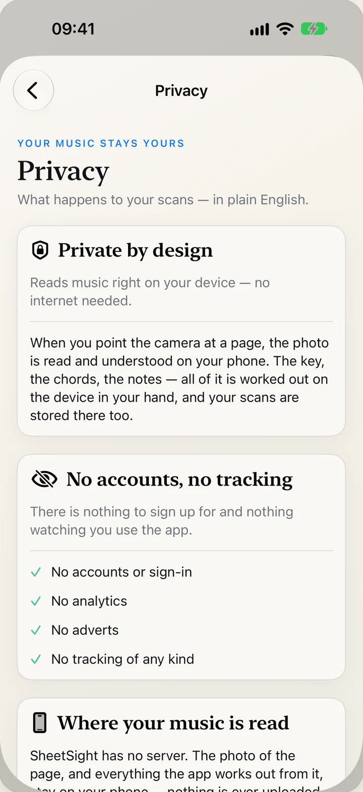 The Privacy screen: private by design, no accounts, no analytics, no adverts, no tracking