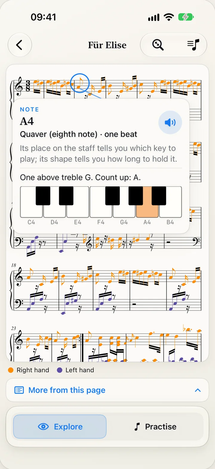 Explore mode on Für Elise: a tapped A4 quaver explained in a card, with its key highlighted on the piano below